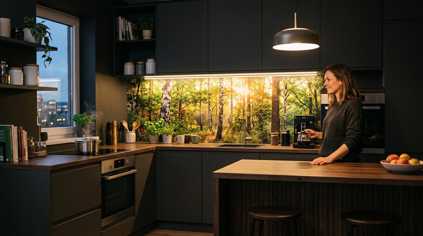 Jak dobrać fototapetę do ciemnej kuchni? Kolory faktury i oświetlenie